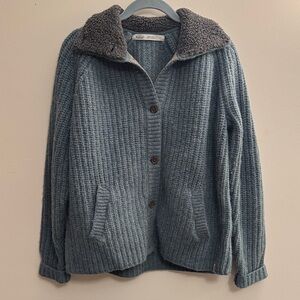 Woolrich Blue/Green Button Down Wool Cardigan with Gray Collar